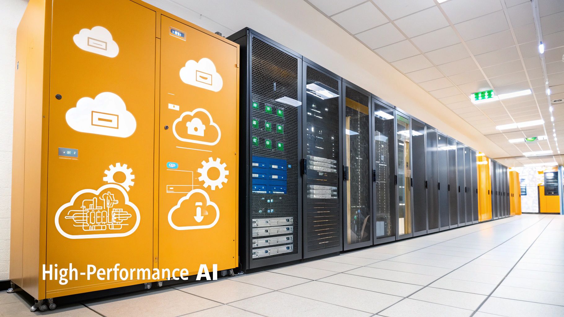 An image of a server room with glowing blue lights, symbolizing the powerful hardware that forms the foundation of AI infrastructure.