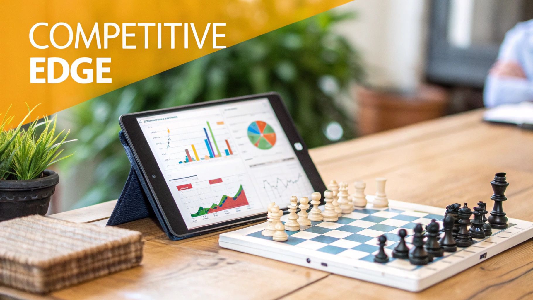 A digital illustration showing a magnifying glass over a competitive landscape with charts and graphs in the background, representing competitive analysis.