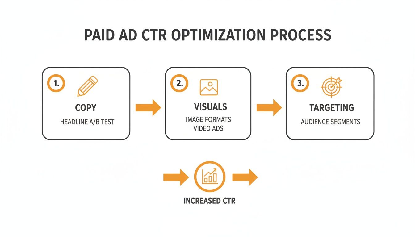Flowchart showing the paid ad CTR optimization process with steps for copy, visuals, and targeting leading to increased CTR.