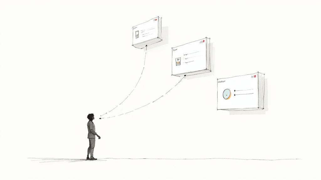 A person views three floating digital screens, displaying smart home device interfaces like phone, TV, and thermostat.