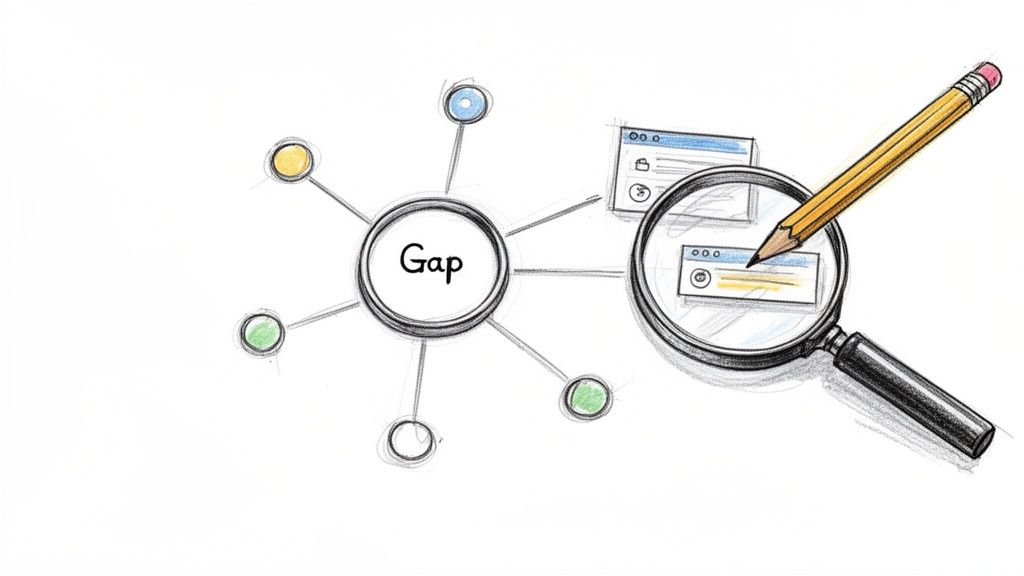 Mind map showing 'Gap' concept, being researched with a magnifying glass and pencil.