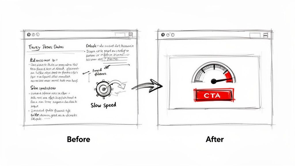 Sketch comparing a slow, text-heavy webpage to a redesigned page with a speed gauge and CTA button.