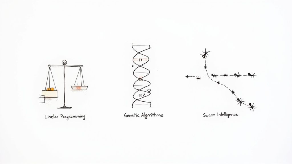 Three distinct illustrations demonstrating Linear Programming, Genetic Algorithms, and Swarm Intelligence concepts.