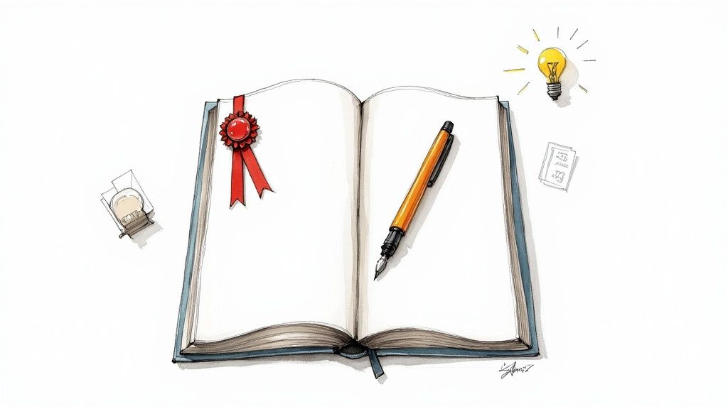 An open book with a pen, red award ribbon, and a glowing lightbulb, symbolizing ideas and writing.