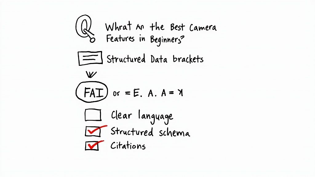 Handwritten diagram outlining key SEO features and content quality factors for search engines.