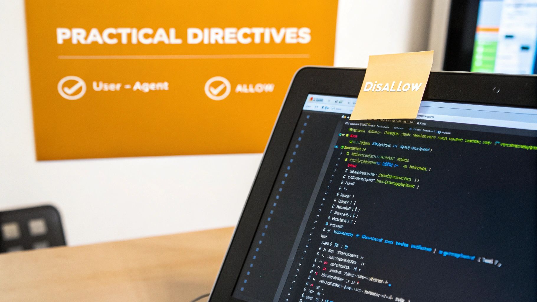 A person working on a computer with code snippets floating around them, illustrating the creation of llms.txt directives