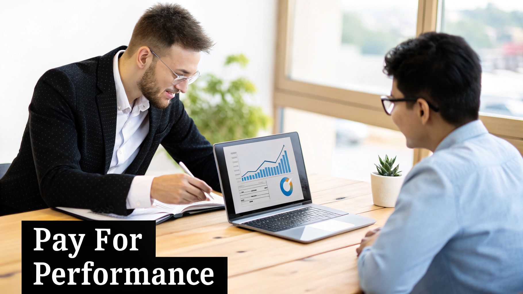 Business professionals reviewing performance metrics and growth charts on laptop during consultation meeting