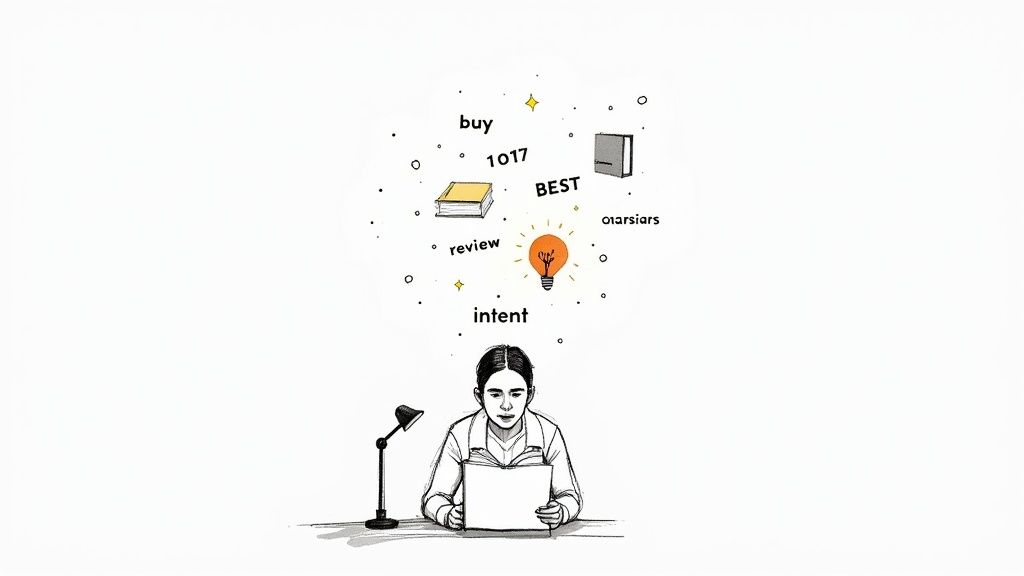 A person reads a book with thoughts of buying, reviewing, and search intent floating above.