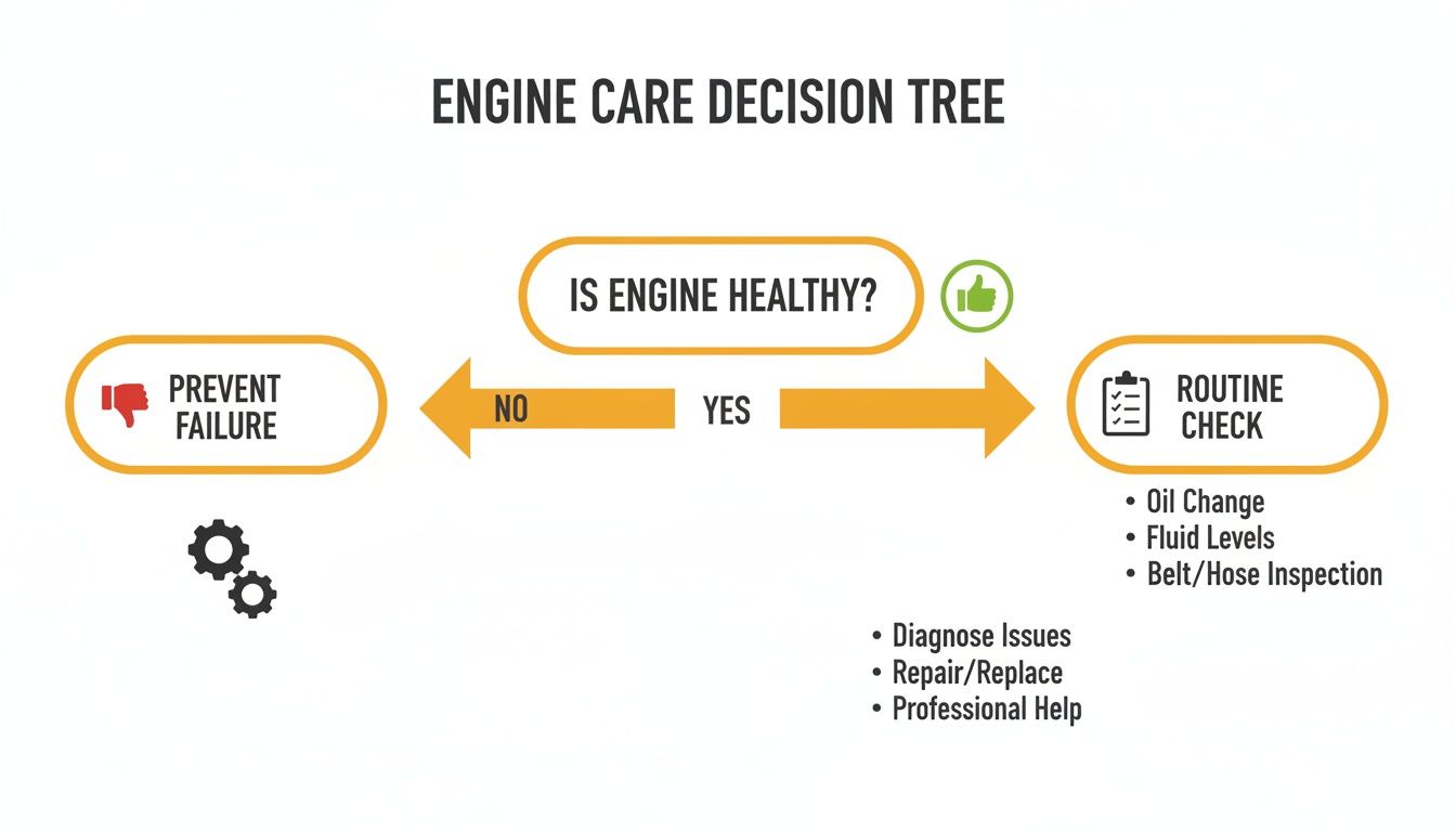 Decision tree outlining engine care, detailing routine checks for healthy engines and steps to prevent failure.