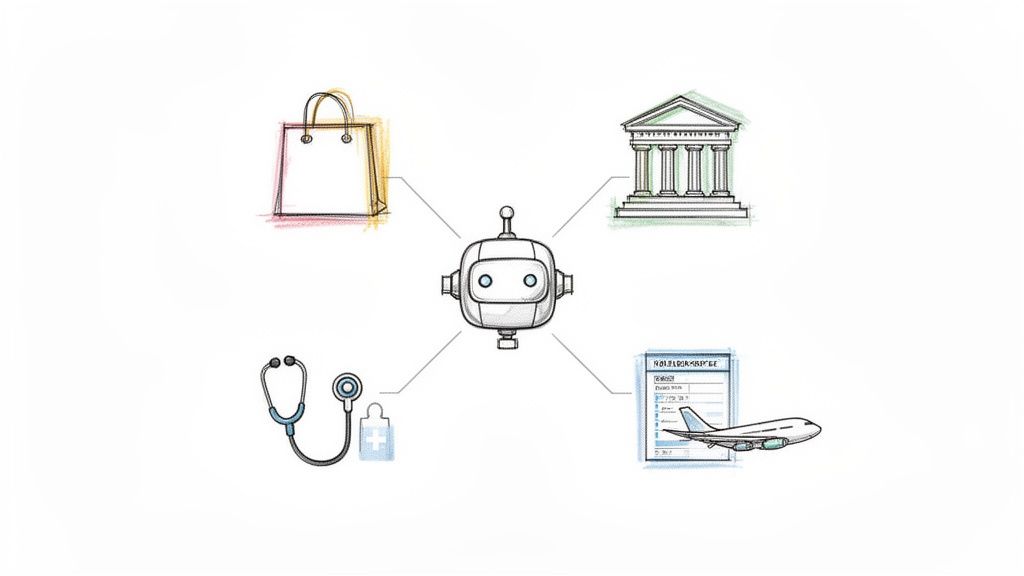 A robot connects to icons representing retail, banking, healthcare, and travel, illustrating AI applications across industries.
