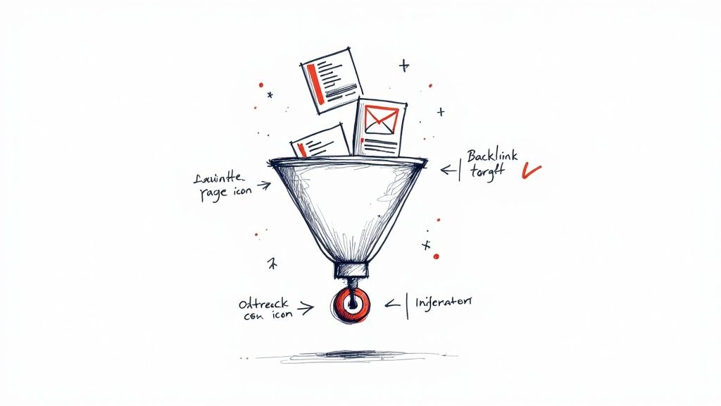 A hand-drawn illustration of a marketing funnel processing pages and emails for outreach and backlink generation.