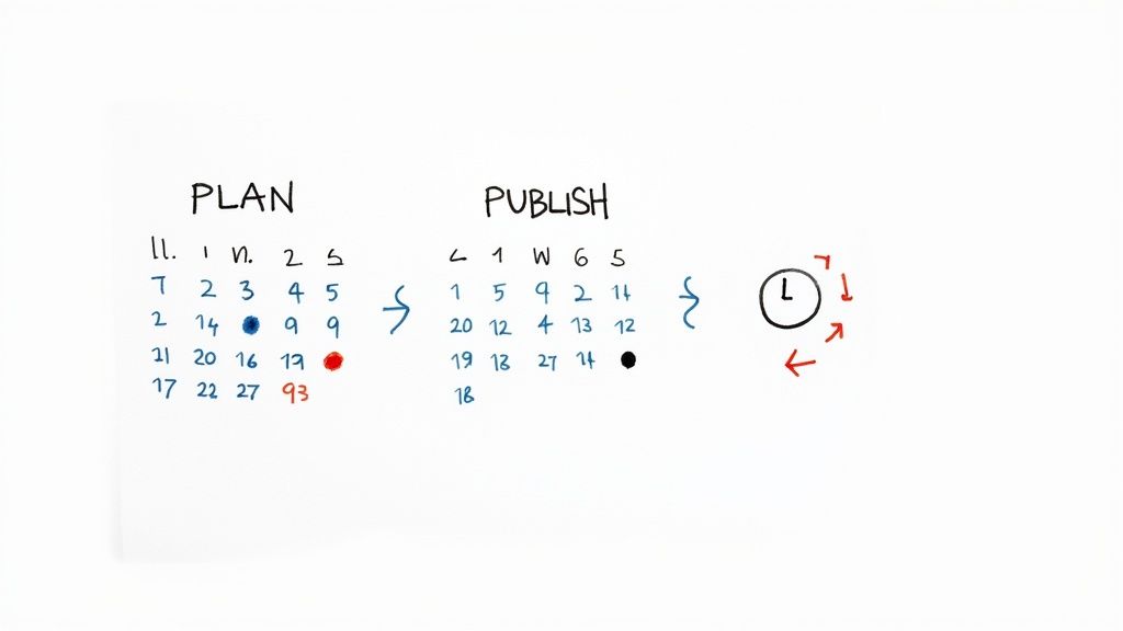 A handwritten diagram illustrates a content workflow, showing planning and publishing stages with dates and a final looped 'L' symbol.