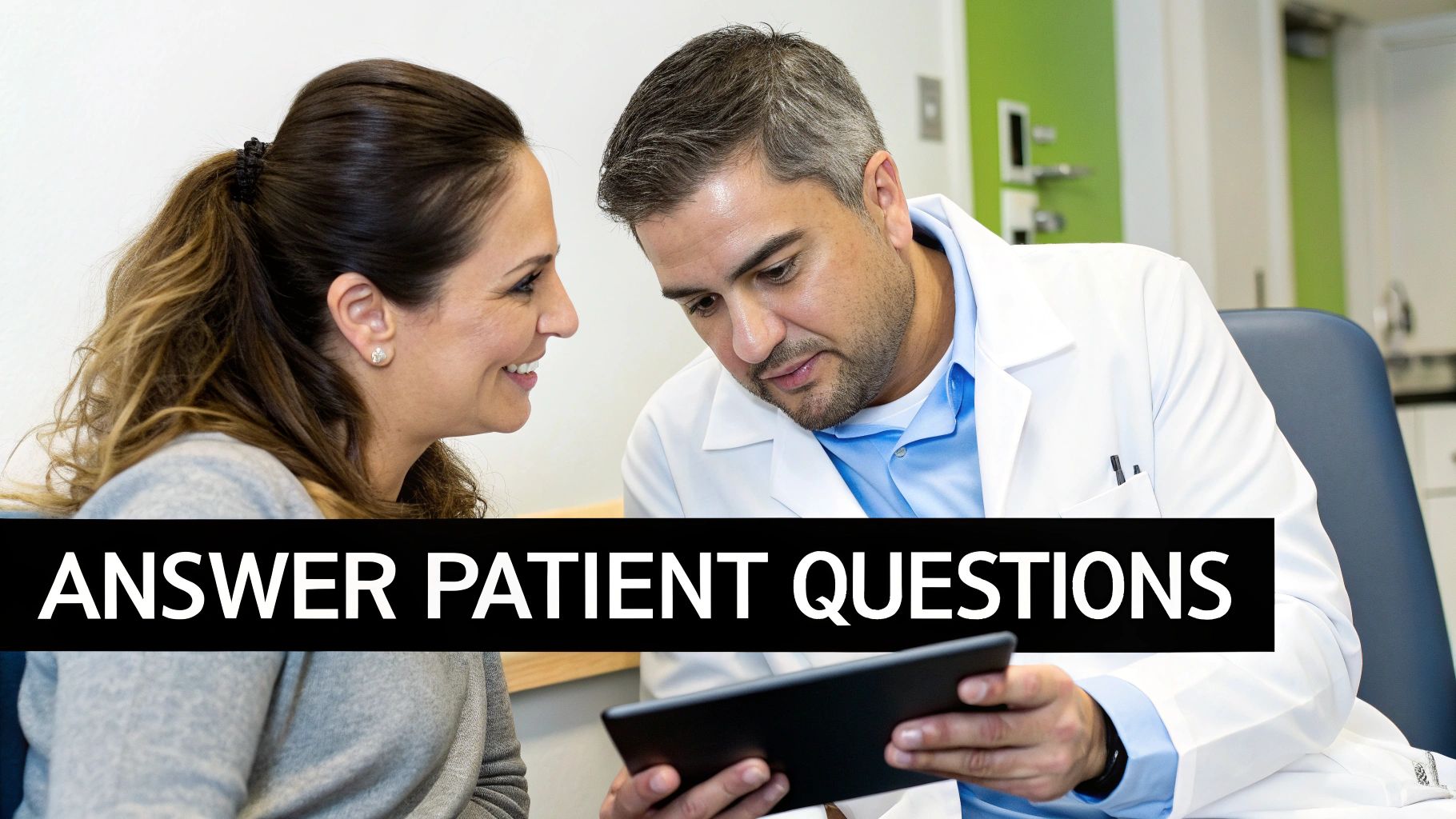 Healthcare professional showing tablet to female patient while discussing treatment options in modern medical office