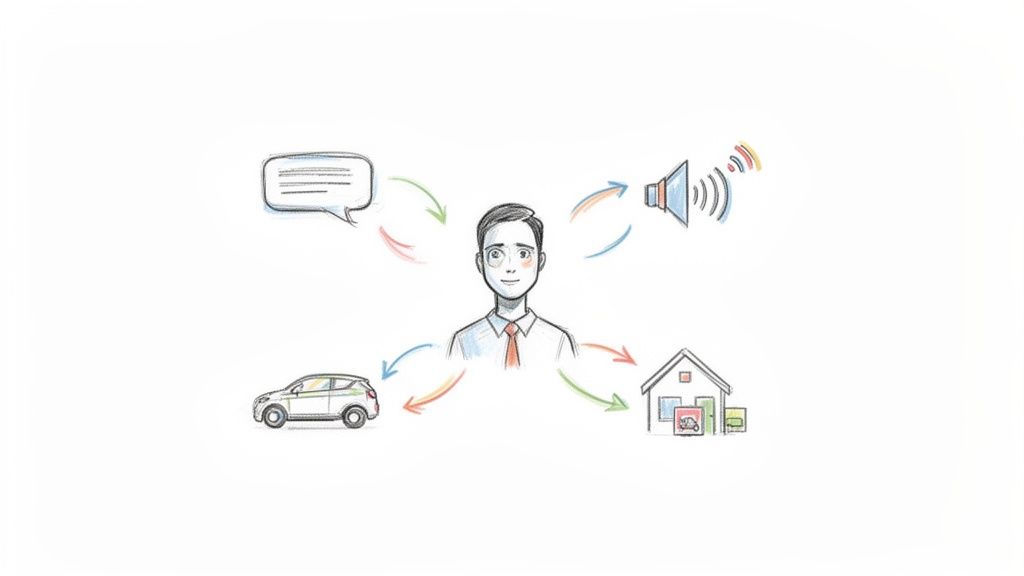 Man interacting with conversational AI, controlling speech, sound, car, and smart home.