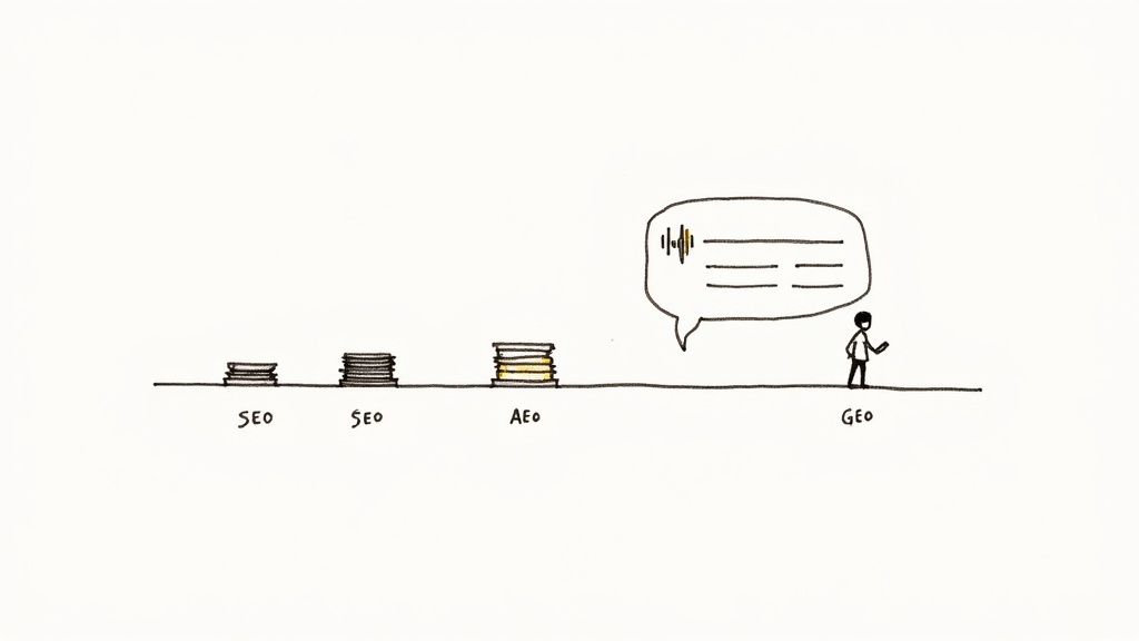 Illustration comparing SEO, AEO, and GEO, depicting the evolution of search and voice.