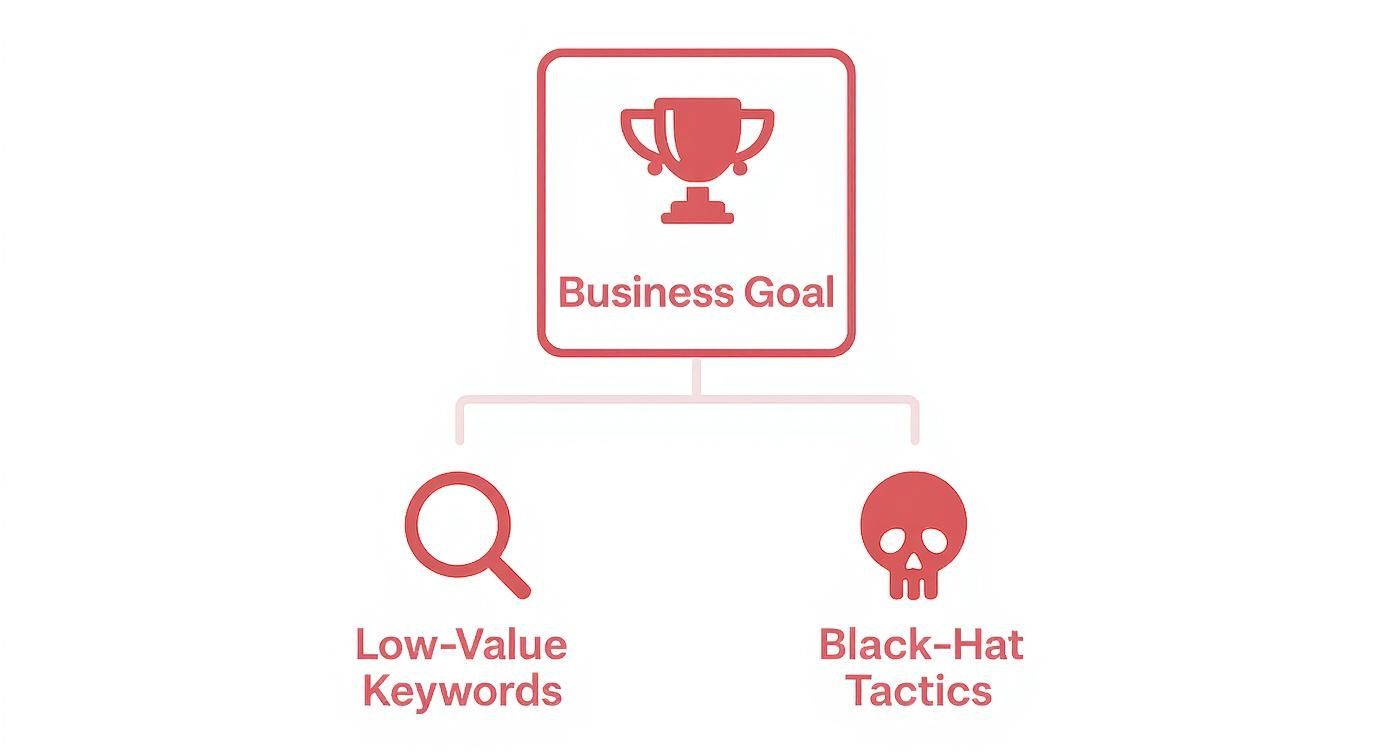 Flowchart showing business goal at top branching to low-value keywords and black-hat tactics below