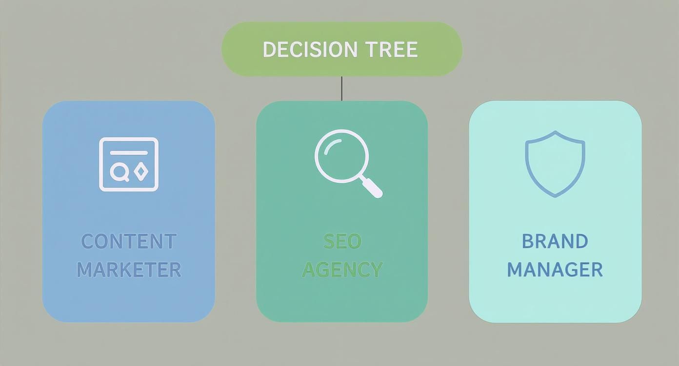 A marketing decision tree diagram showing content marketer, SEO agency, and brand manager roles with icons.