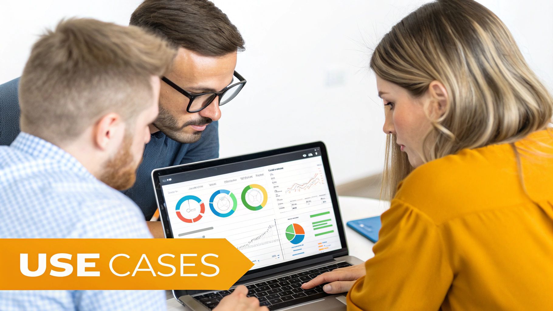 A professional working on a laptop, surrounded by data visualizations and charts, illustrating strategic decision-making.