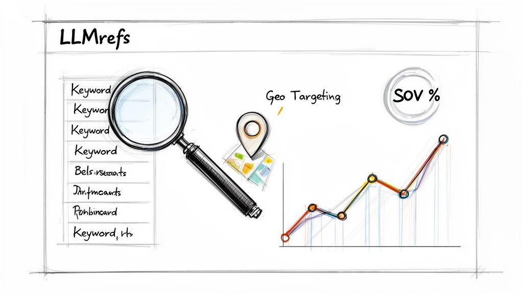 Sketch illustrating marketing strategy with keyword research, geo-targeting, and Share of Voice (SOV) tracking.