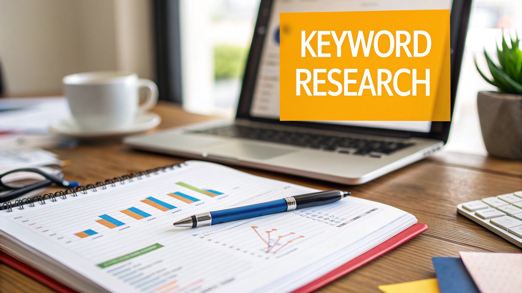 A magnifying glass hovering over glowing digital keywords