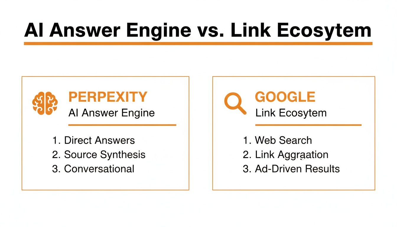 A comparison table contrasting Perplexity, an AI Answer Engine, with Google, a Link Ecosystem.