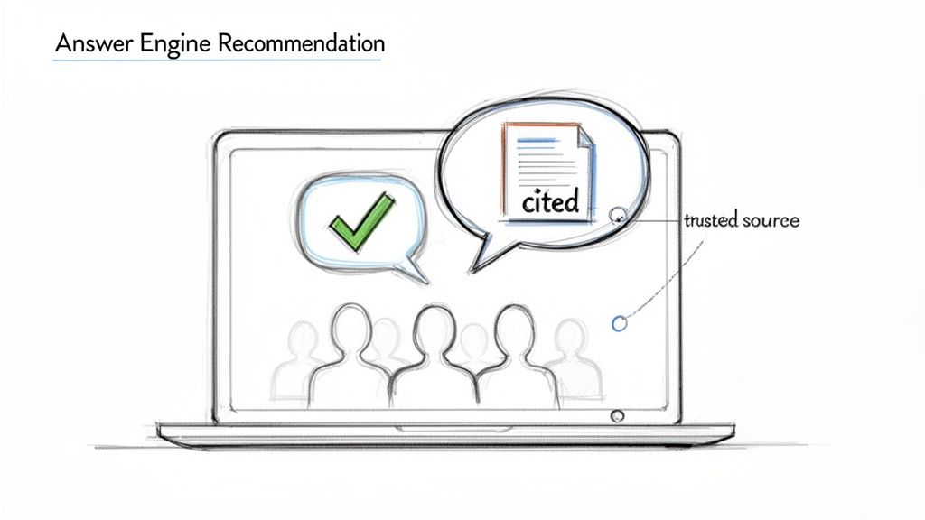 Laptop screen sketch showing a green checkmark and a 'cited' document from a 'trusted source' for answer engine recommendations.