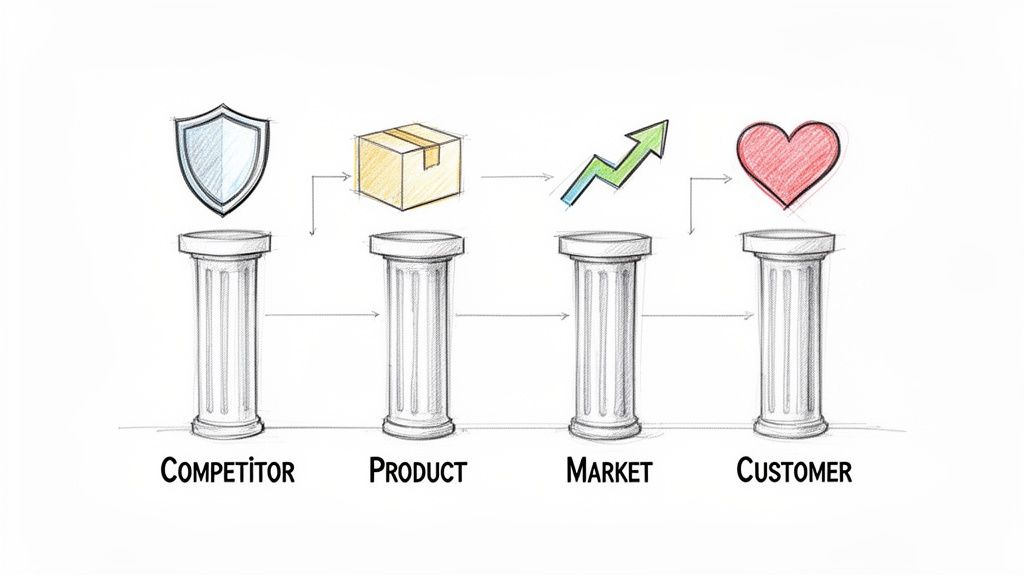 Four pillars representing Competitor (shield), Product (box), Market (growth arrow), and Customer (heart) in a business framework.