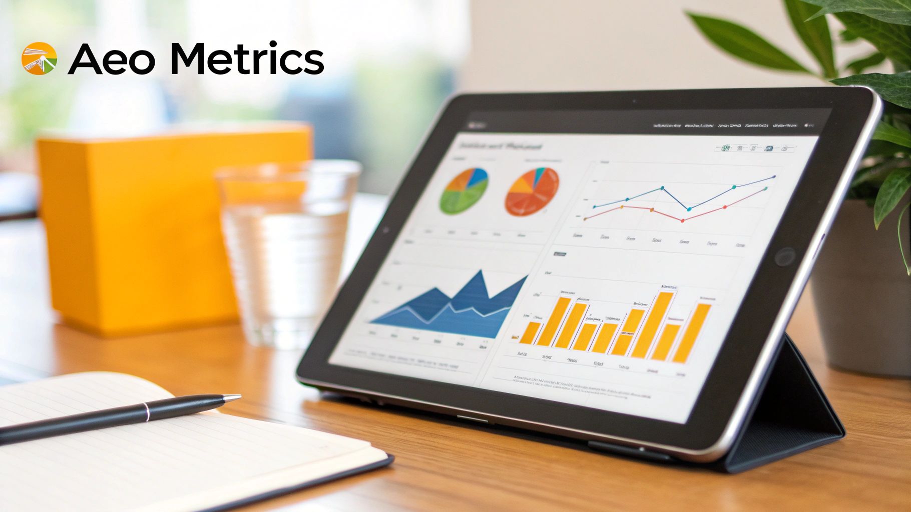 A dashboard showing modern AEO metrics like brand mentions and share of voice, with upward-trending graphs.