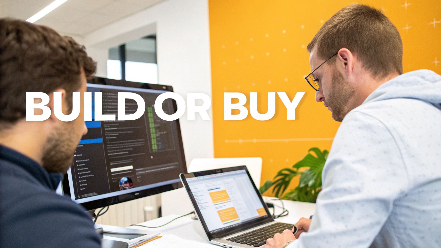 A magnifying glass hovering over two icons one representing building and the other representing buying