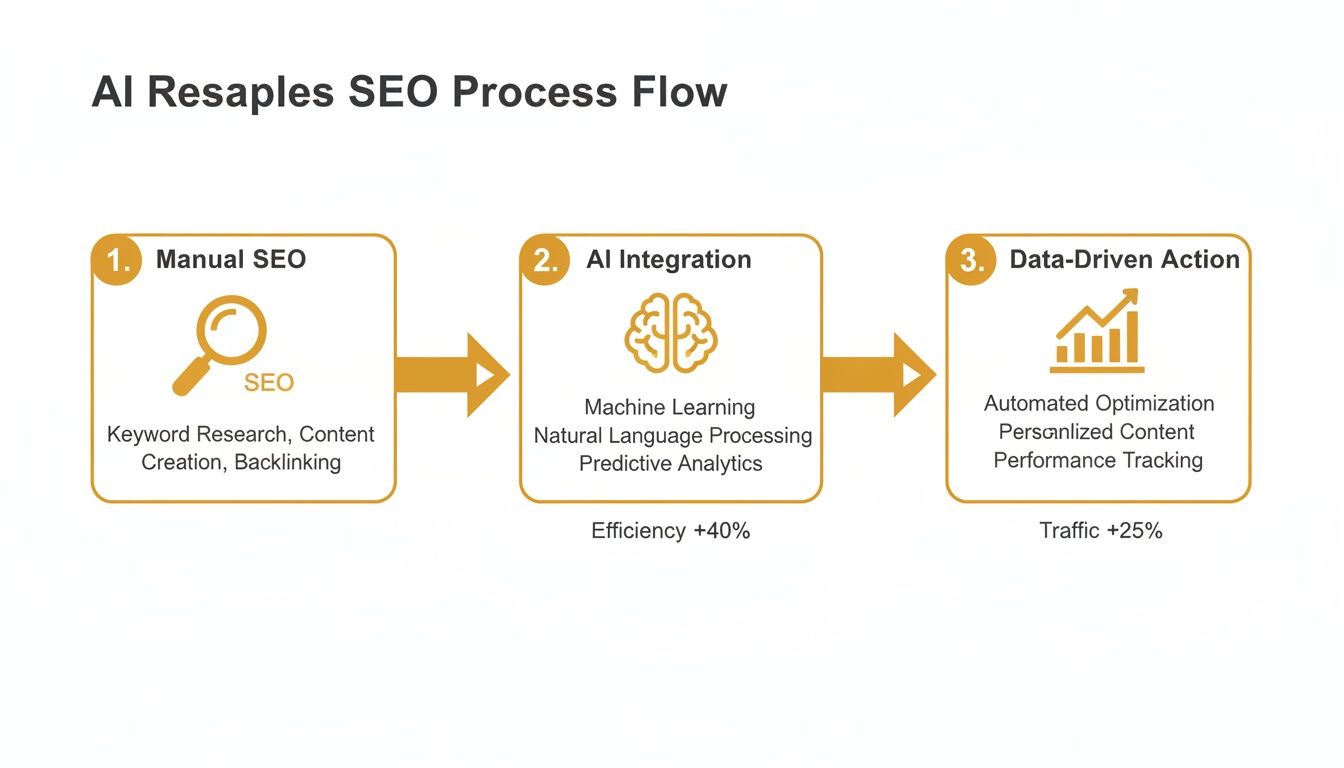 AI Resaples SEO process flow chart showing manual SEO, AI integration, and data-driven action steps.