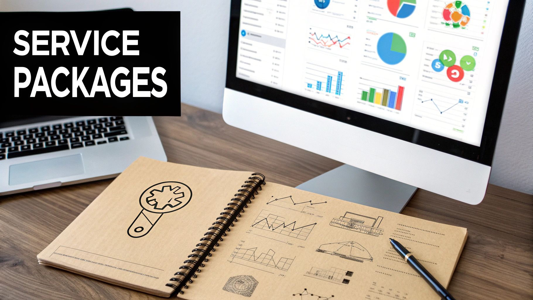 An organized desk with multiple screens showing SEO dashboards, keyword research tools, and analytics reports, symbolizing a well-defined tech stack.