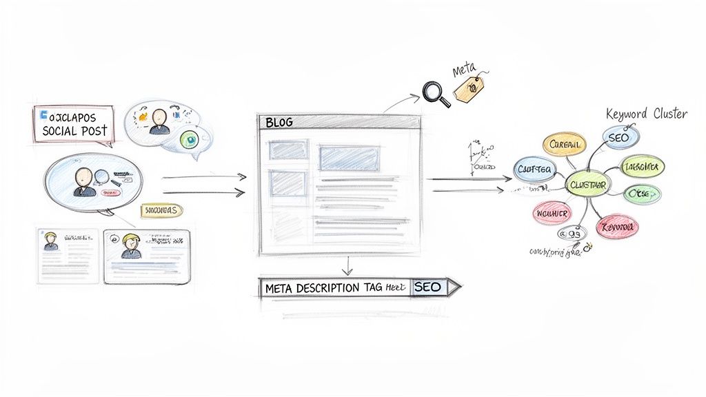 Diagram illustrates content creation workflow: social posts lead to an SEO-optimized blog with an SEO-optimized blog with meta descriptions and keyword clustering.