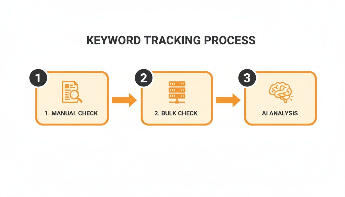 Infographic illustrating the keyword tracking process, including manual check, bulk check, and AI analysis steps.
