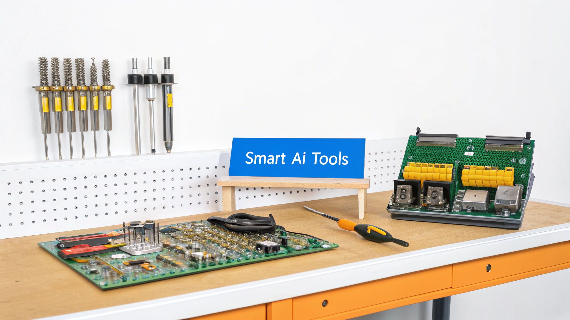 An image showing a digital toolkit with icons representing different AI optimization techniques like tuning knobs, gears, and code blocks.