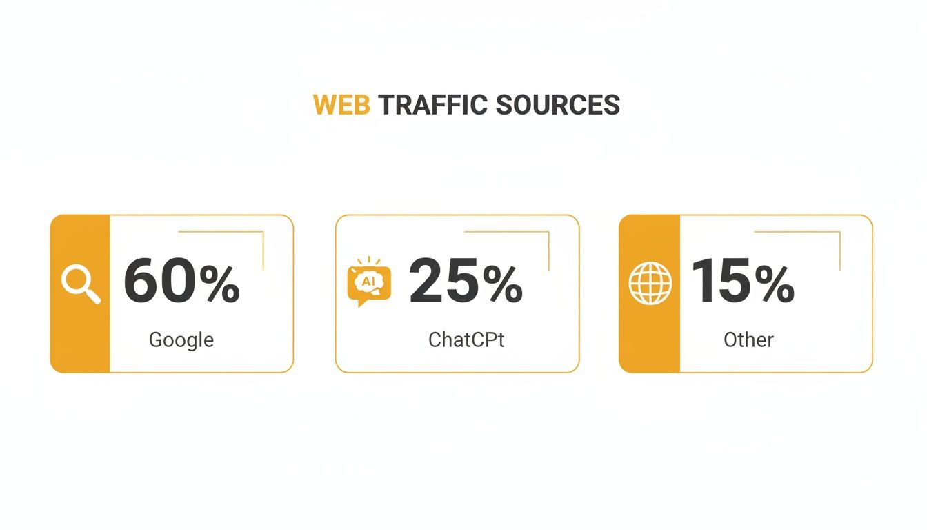 A data visualization showing web traffic sources: Google at 60%, ChatGPT at 25%, and Other at 15%.
