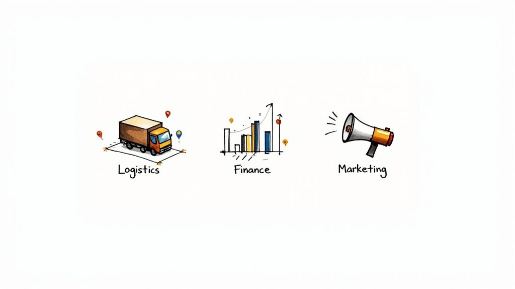 Three illustrations depicting key business areas: logistics (truck), finance (bar chart), and marketing (megaphone).