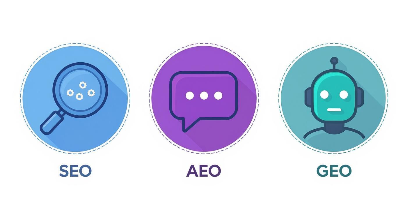 Three icons representing SEO, AEO, and GEO concepts with their respective visuals: a magnifying glass, a message bubble, and a robot.