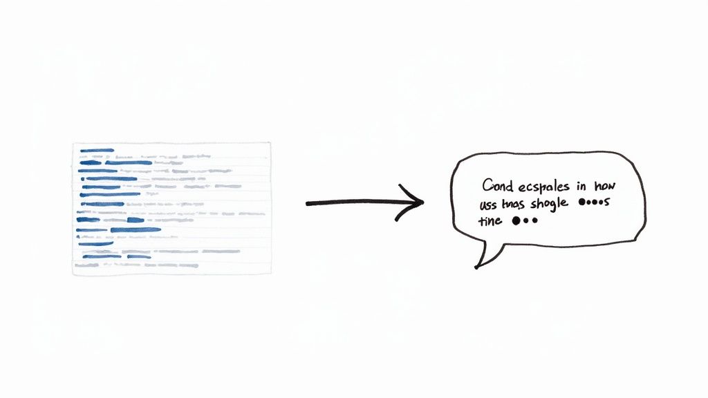 A handwritten document with highlighted lines points to a speech bubble with stylized text.