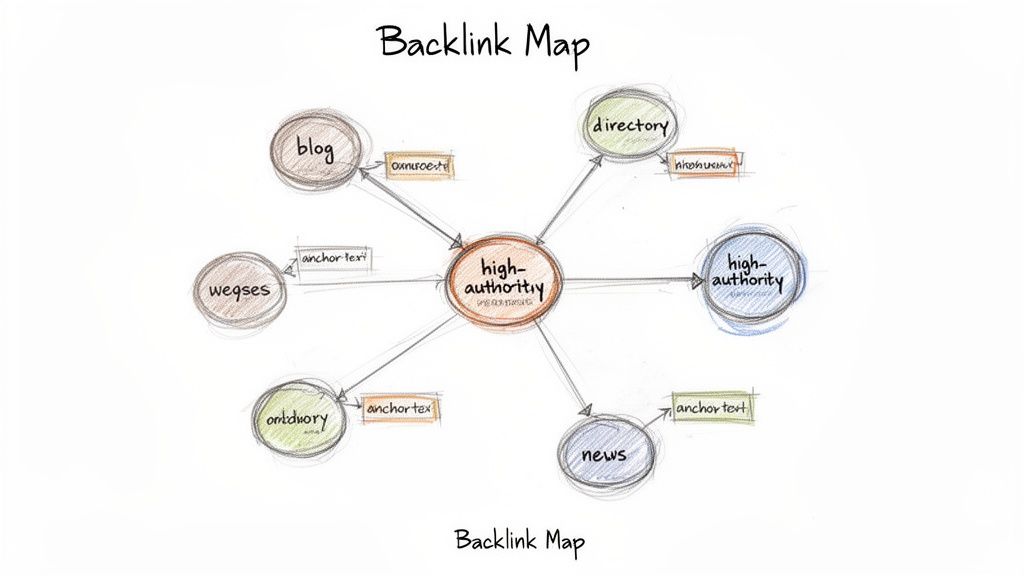 Hand-drawn backlink map illustrating a central high-authority website connected to various online sources.