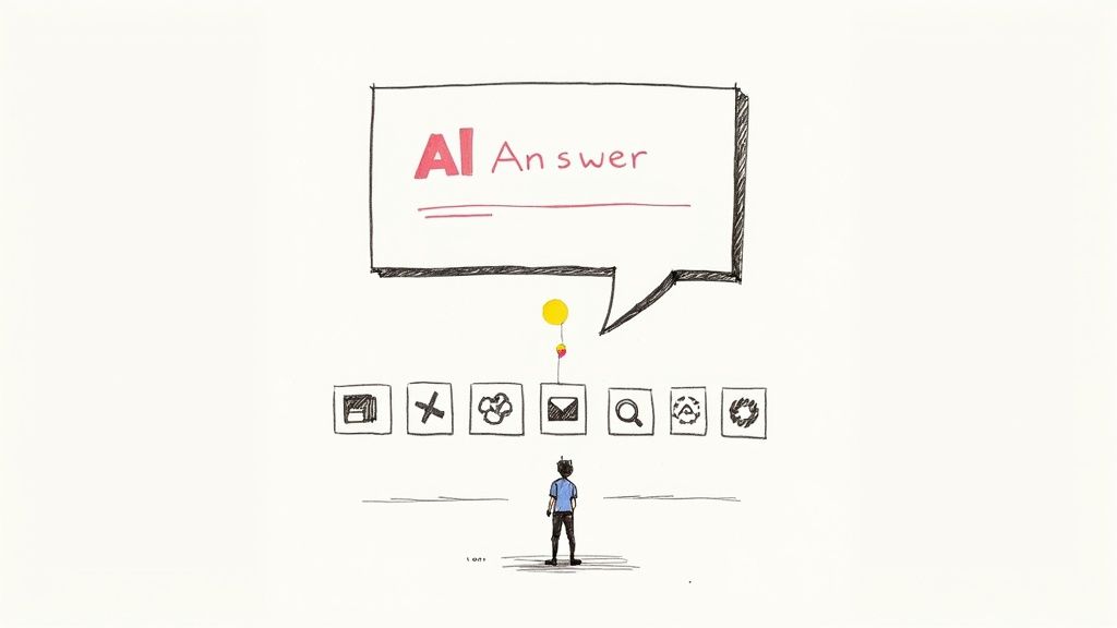 Hand-drawn illustration of a person receiving an 'AI Answer' from a mail icon among other digital options.