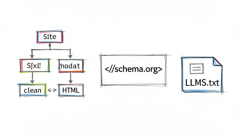 Diagram showing content flow from a site, processing through SjxL and jnodat to clean and HTML, with references to schema.org and LLMS.txt.