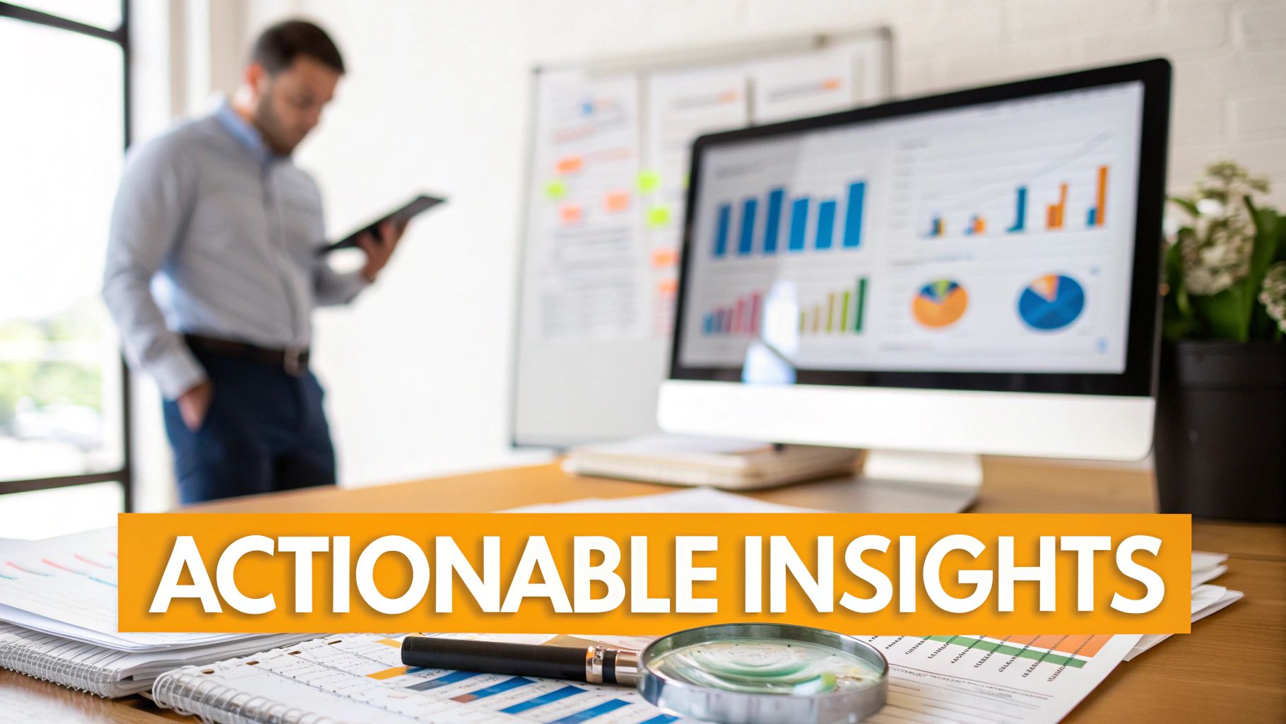 People analyzing charts and graphs on a large screen.