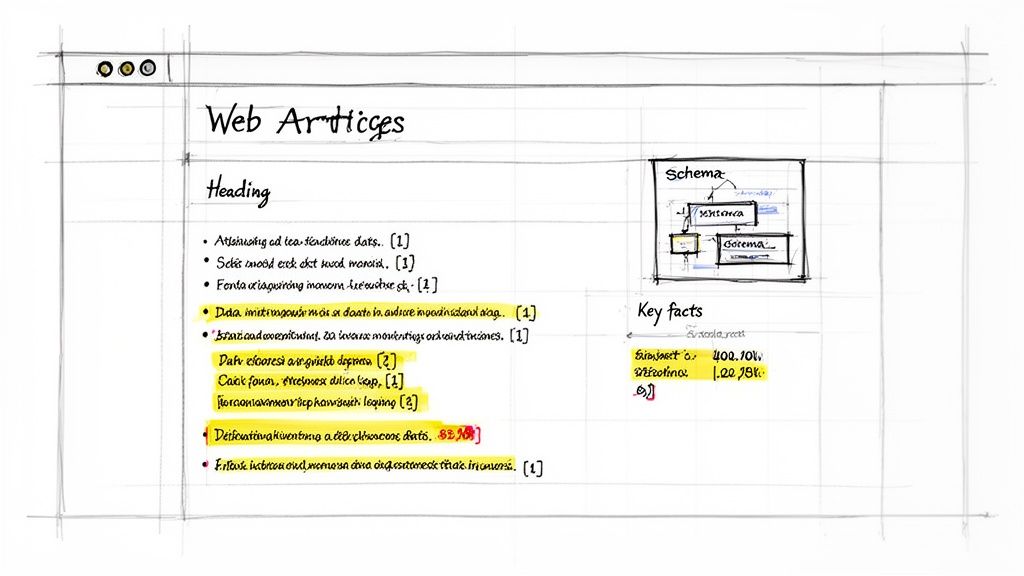Hand-drawn sketch of a web article layout with heading, bullet points, schema, and key facts.
