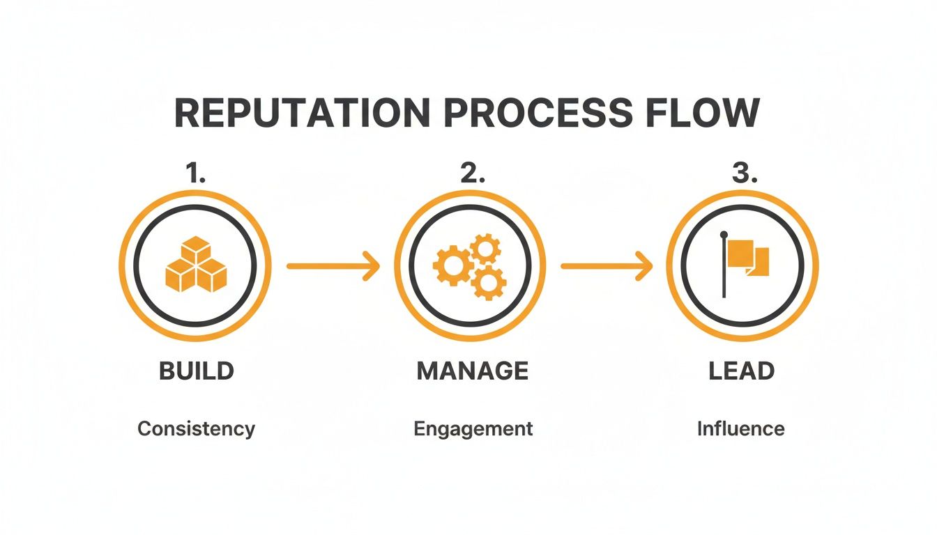A reputation process flow diagram showing three steps: Build (Consistency), Manage (Engagement), and Lead (Influence).