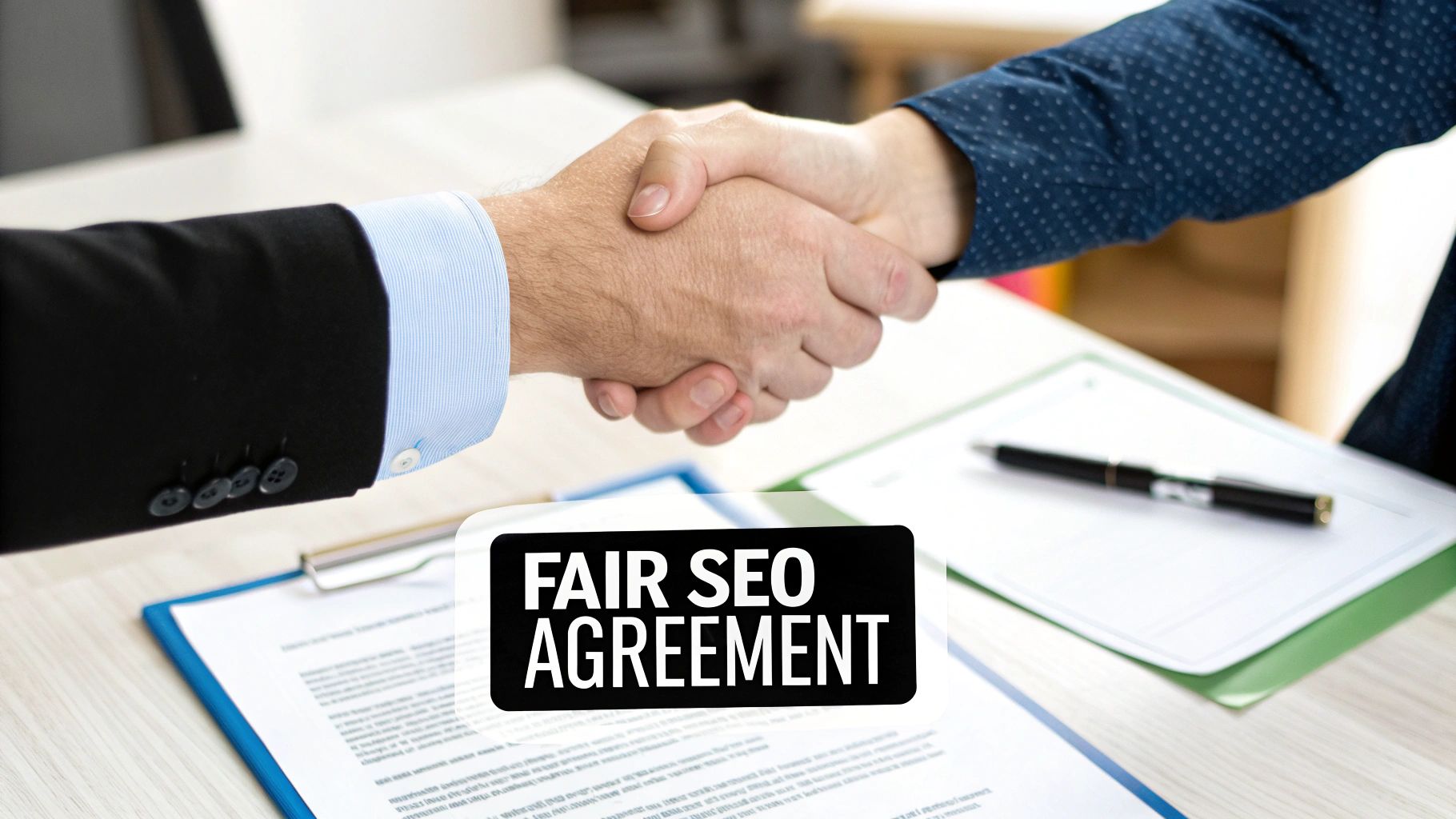Two business professionals shaking hands over fair SEO agreement contract documents on desk