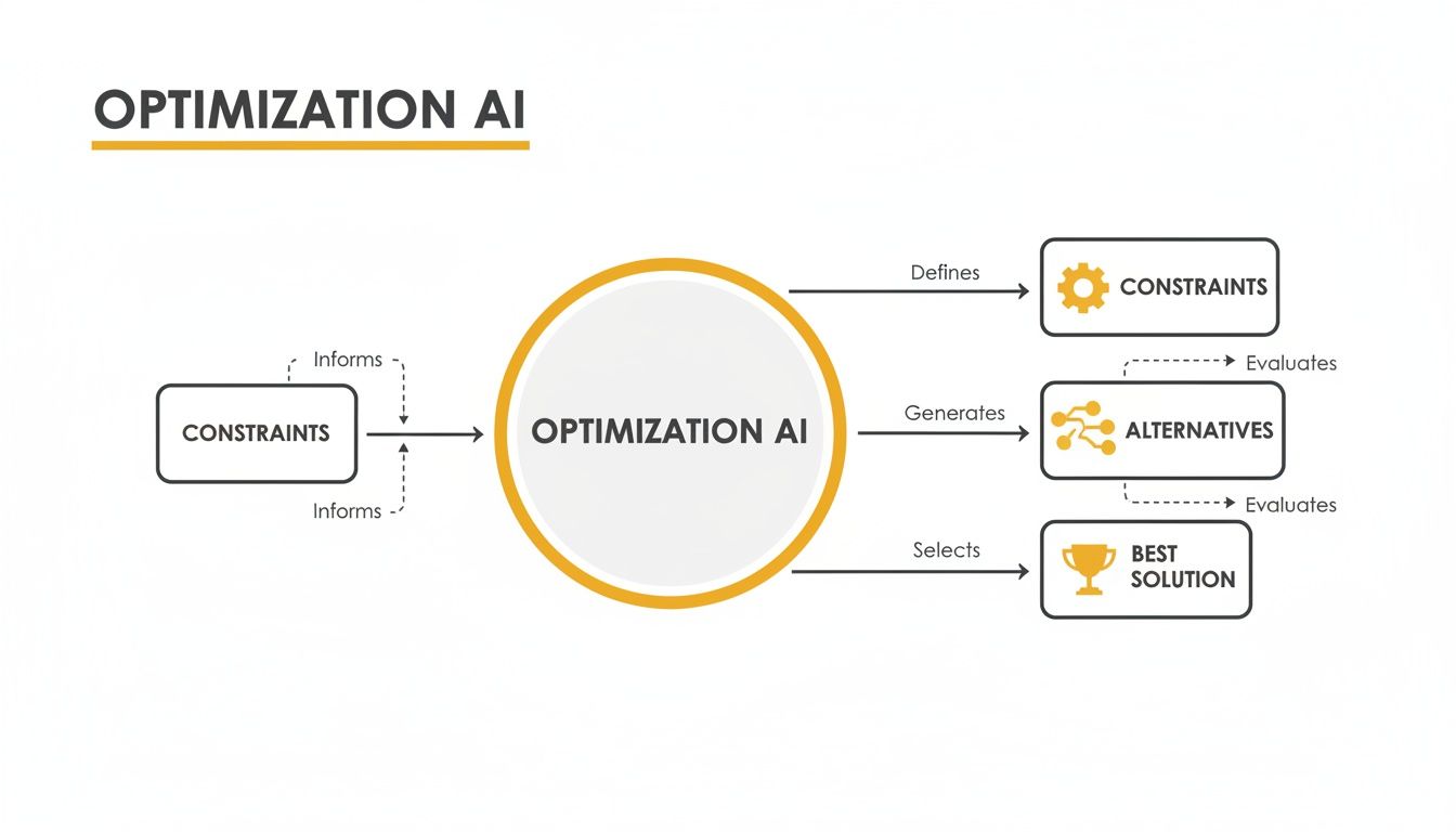 Diagram illustrating the Optimization AI process flow, from constraints to the best solution.