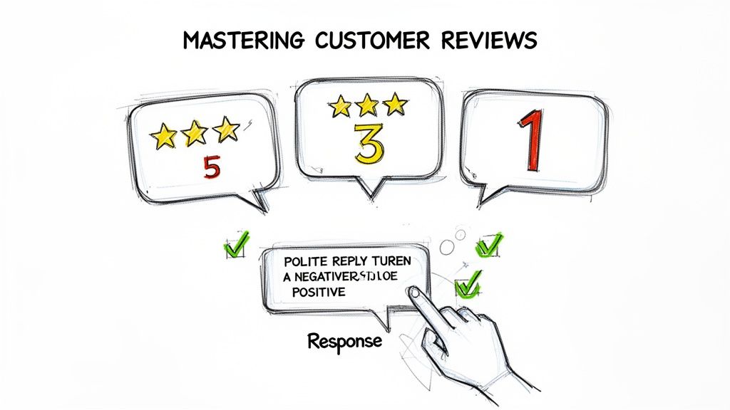Illustration showing customer review ratings (5, 3, 1 stars) and a hand drafting a polite response to turn negative feedback positive.