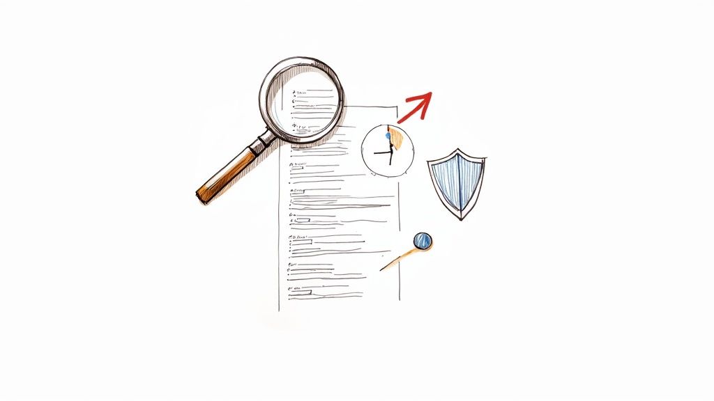 Hand-drawn illustration depicting document analysis, time management, and data security concepts.