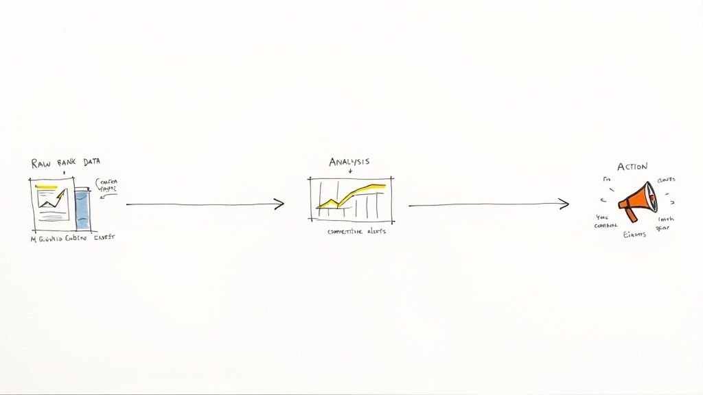 A visual flow diagram illustrating raw rank data input, through competitive analysis, to actionable insights.