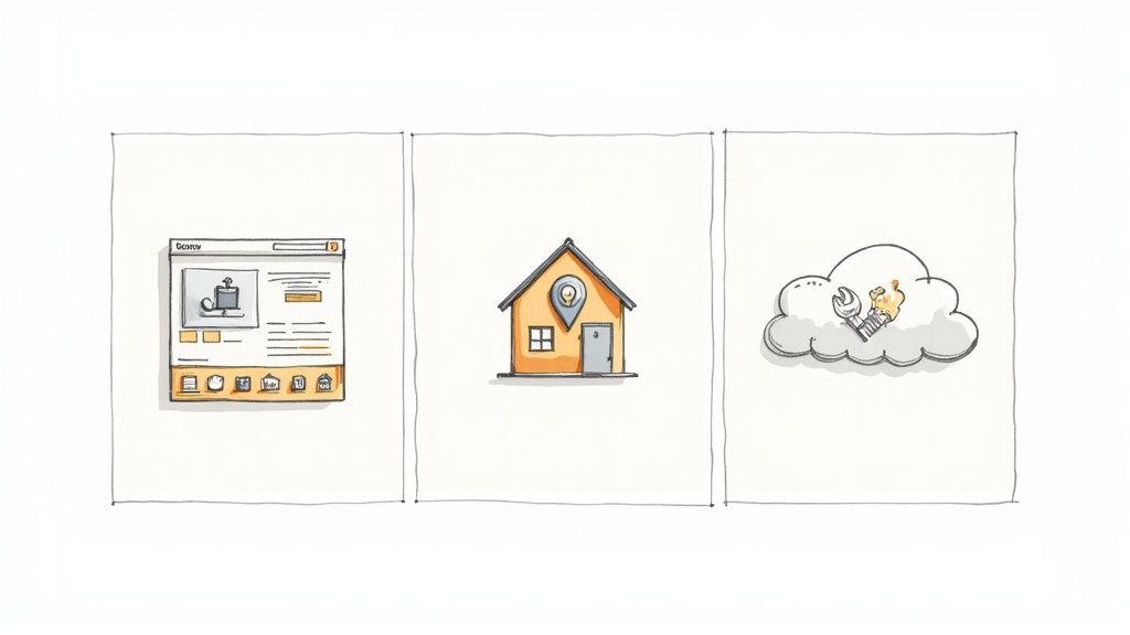 Illustrates AEO, SEO, and GEO concepts with a browser, a house with a pin, and a cloud with tools.